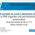 Permanence PMI, sans rendez-vous le lundi de 9h à 11h à la Maison de Quartier Gaston VARIOT, à partir du lundi 2 décembre